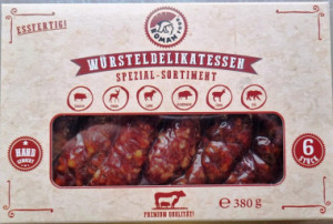 6er Kombi Spezialwürstel 450 Gramm Haus Würste, Hirsch Würste, Lamm Würste, Wildschwein Würste, Gams Würste, Bären Würste