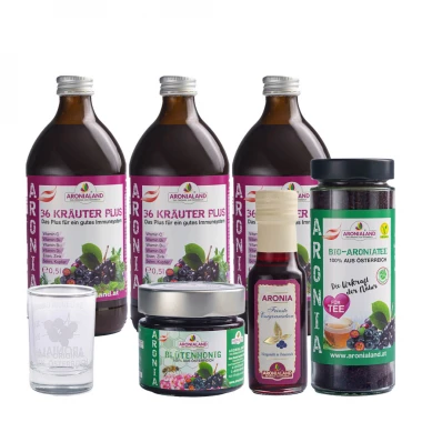 3 x Aronia 36 Kräuter Plus-Set + Aronia Blütenhonig 250g + Aronia Feinste Essigvariation 100ml + Aronia Tee 170g + Aronia Messglas