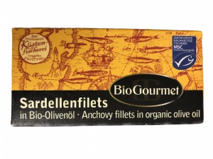 "Bio Gourmet"-Sardellenfilets, salzig, in nativem Bio-Olivenöl extra.