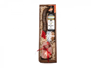 Die 3 kleinen Schweinchen - Holzkassette mit BIO Prosciutto, Rohwurst, Aufstrich und Chili Öl