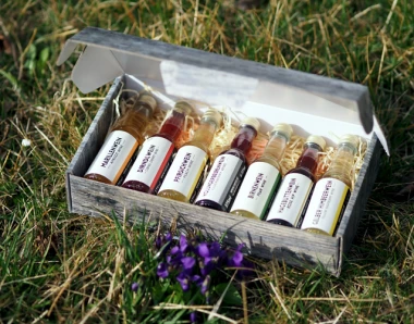 Geschenkbox 7 Probierflaschen Fruchtwein in hübscher Holzoptikschachtel