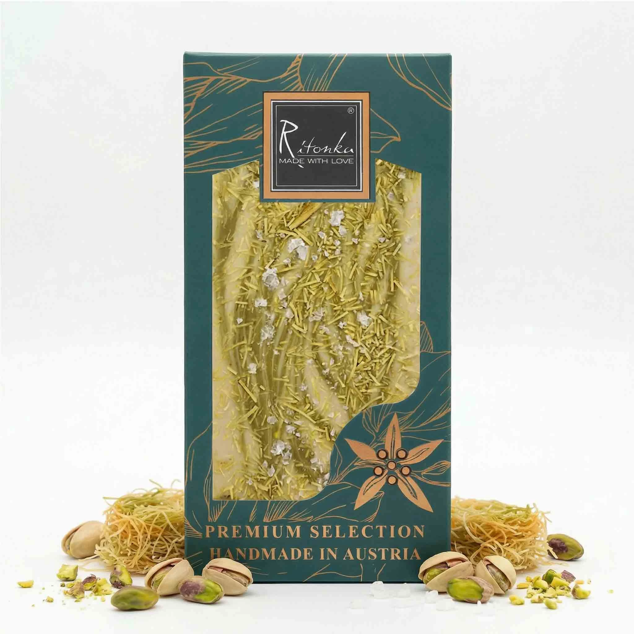 Premium weiße Schokolade - Pistazien, Knafeh, Salz 95g
